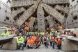 In this April 2017 photo, tunnel workers pose with the SR 99 tunneling machine after Bertha moved into the disassembly pit near Seattle Center.
(WSDOT photo)