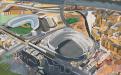 Yankee Stadium, sim Carnival, gouache on paper, 32×45. Painting by Sheri Crider.