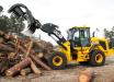 A massive Pemberton rake grapple is used on the JCB 437 wheel loader by SGTM operators to stockpile material for grinding