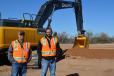 Jason Marquette (L), field superintendent and David Mitchell, general superintendent of New Look Construction, Rogers, Minn., check out the new 350G excavator.
 