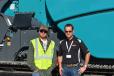 Taylor Rasmussen (L), owner of Rasmussen R&R of Canyon Country, Calif., talks with Powerscreen of California’s Eoin Fleming.   
