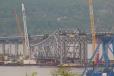 The old Tappen Zee Bridge’s west anchor span is lowered onto a transportation barge.
(New NY Bridge photo) 