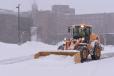Leighton A. White Inc., of Milford, N.H., uses a Hyundai HL940 wheel loader to plow the parking lots at Concord Hospital during a heavy snowstorm.