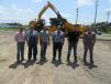 (L-R): Casey Jordan of Highway Equipment Company joined Denny and Dan Griffith of D. Griffith & Sons, Ted Arters of Chatham Township, Highway Equipment Company’s crushing and screening specialist, Phil Berresford and Joe Aungst of Chatham Township to review the machines in the yard.