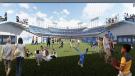 The primary addition will be a Centerfield Plaza area spanning nearly 2 acres behind the outfield fences, creating what Kasten described as a “front door” to the famously tough-to-access hillside park.
(Los Angeles Dodgers rendering) 