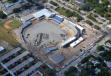 Aerial view of concrete being poured and paved at the newly-renovated Dunedin Stadium.