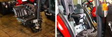 Left: a chair lift transfers the user to the cabin; right: the Yanmar YT3 can be easily fitted with hand controls.