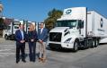 (L-R): Michael Gallagher, head of indirect sourcing, North America, Performance Team; Tracey Craik, regional sales director, TEC Equipment; and Jared Ruiz, acting head of electromobility sales for North America, Volvo Trucks North America; with Performance Team’s Volvo VNR Electric fleet at their Santa Fe Springs facility.
(Photo courtesy of Volvo?Trucks America) 