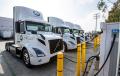A lineup of Volvo VNR Electric trucks charging at Performance Team’s Santa Fe Springs facility.
(Photo courtesy of Volvo?Trucks America) 