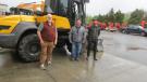 (L-R): Harry Chowansky, vice president of H.C. Constructors Inc., Whitehouse Station, N.J.; John Wuko, regional sales director of Powerco Equipment Inc.; and Renaud Bouvet, the “best Mecalac operator on the planet,” all pose for a quick photo during the event. Chowansky owns several models of Mecalac equipment.   (CEG photo)