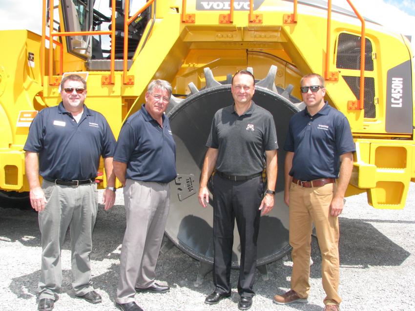 Volvo and Terra representatives who came out to conduct the demonstration of the new Volvo compactor included (L-R): Brett Gilbert and Mark Debrosse of Volvo; David Sonnentag of Terra Compactor Wheel Corp.; and Todd Cannegieter, also of Volvo.
