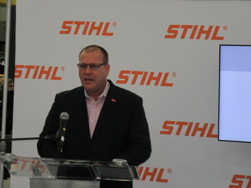 Stihl President Bjoern Fischer announces the company’s new equipment lineup at the show.