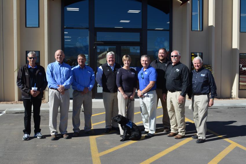 Members of 4Rivers Equipment’s leadership team at the recent Albuquerque grand re-opening (L-R) are Don Griffin, John Shearer, Devin Mazuranich, Thad Bennett, Terri Thornton, Anthony Espinoza, Collin James, John Snider, Keith Olson and Miele, service puppy in training.
