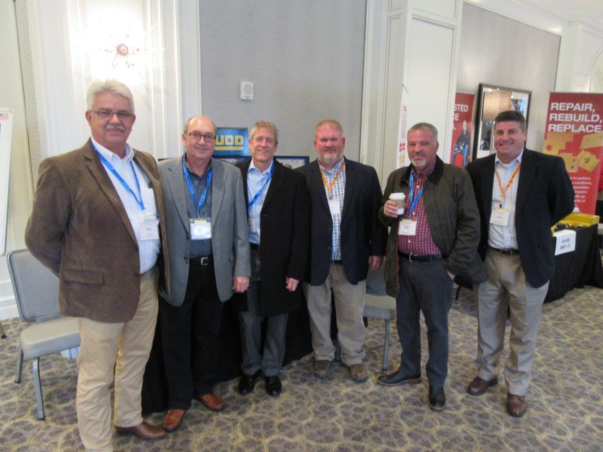 (L-R): Stan Archer and Rick Ziemer of Sidwell Materials caught up with Rudd Equipment Company’s Martin McCutcheon and  Josh Poston; John Crawford of the Shelly Company; and Rudd Equipment Company’s Brian James.

