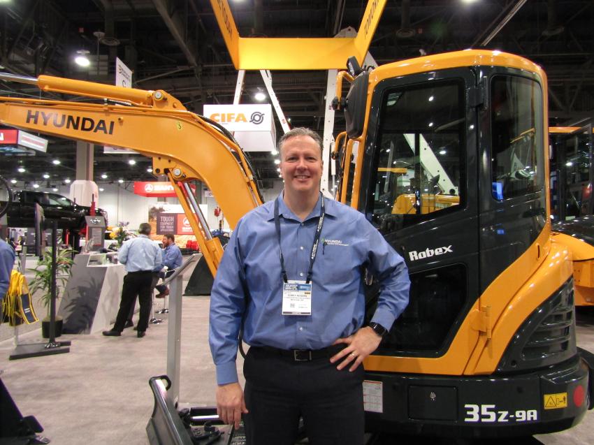 Corey Rogers of Hyundai Construction Equipment Americas introduced the recently-updated R35z-9A compact mini-excavator.
