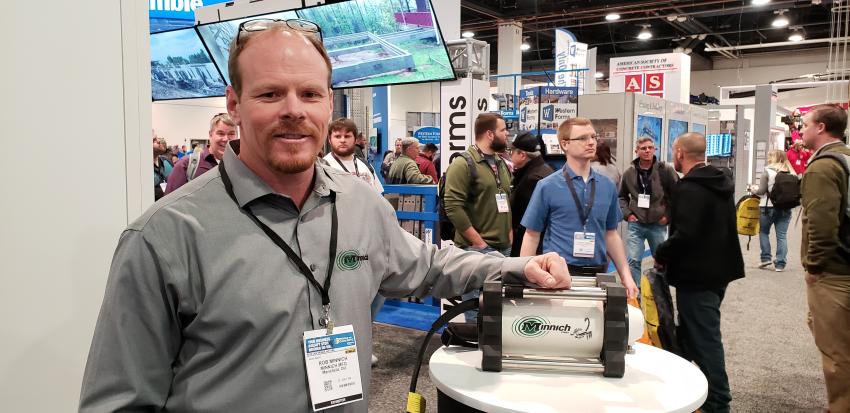 Rob Minnich of Minnich MFG in Mansfield, Ohio, was at World of Concrete to demonstrate the Stinger concrete vibrator. Available in 15-amp (115-volt) or 7.5-amp (230-volt), the motor is lightweight, durable and drives a full line of Minnich shafts and heads from ¾ to 2 ½ in. The motor also adapts to vibrators of many other manufacturers. 

