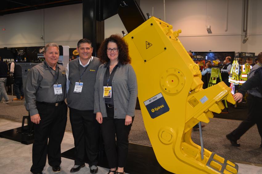 Epiroc displayed its full line of hydraulic attachments at World of Concrete. Shown with the BP 2050 bulk pulverizer are (L-R) Dana Creekmore, vice president of sales, North America; Tom Schwind, vice president and business line manager; and Moira Ploof, marketing communications program manager. The 2050 is used primarily in demolition and recycling applications.
