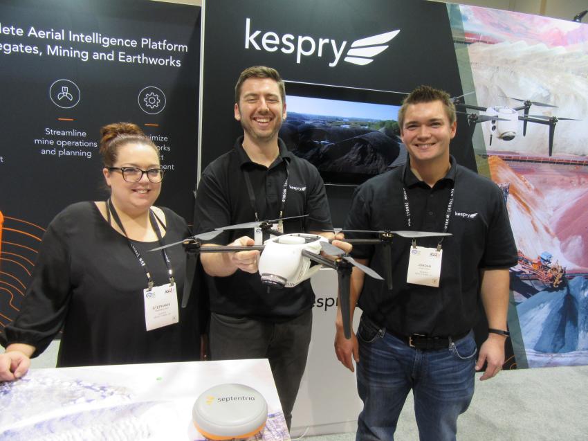 (L-R): Stephanie Seril, Jeffry Souders and Jordan Miller of Kespry presented the company’s automated aerial technologies for the aggregates, mining and construction industries. 