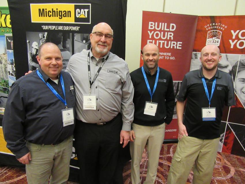 (L-R): Michigan Cat’s Fred Peltier, Len Evans, Josh Buchanan, and Mike Brost were on hand to discuss the lineup of Caterpillar equipment at the show.
