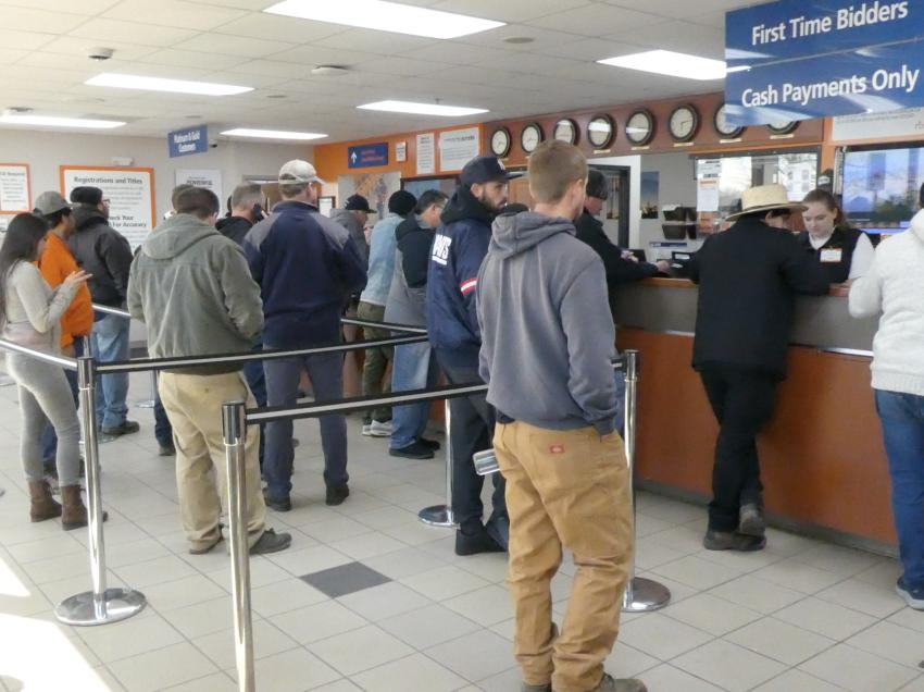 Bidders register for the Ritchie Bros. auction in North East, Md.