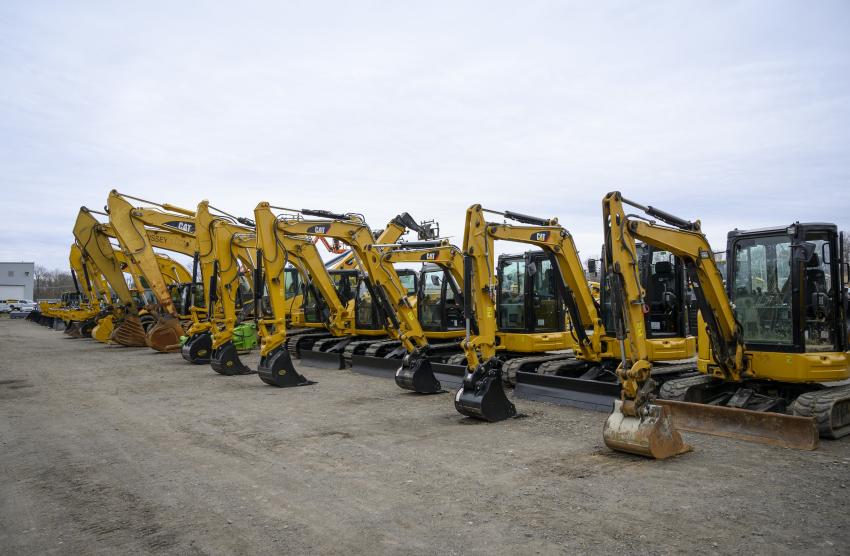 The yard at Case Snow Management showcased a variety of hydraulic excavators and hydraulic hammers among its vast inventory ready for bidding.