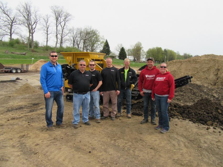 (L-R): On hand for the SMI 90TS demonstration were Screen Machine’s Matt Brinkman, Scott Wagner, Matt Johnson and Timothy Miller, along with Ohio CAT’s Kyle Bodkin and Wright Landscape Supply & Marketplace’s Shannon and Gretchen Wright.
