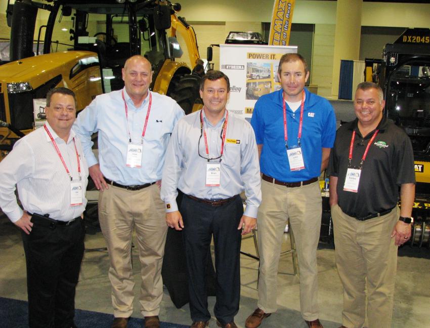The guys from Ring Power brought a Challenger MT525E with a boom mowing deck and a Cat 299D2 XHP compact track loader with mulching head to the expo. Out to promote the products (L-R) are Ring Power’s Jay Lusk, Allan Thomas, Brian Cholmondeley and John DeWitt; and Bubba Banks of Diamond Mowers, Sioux Falls, S.D.