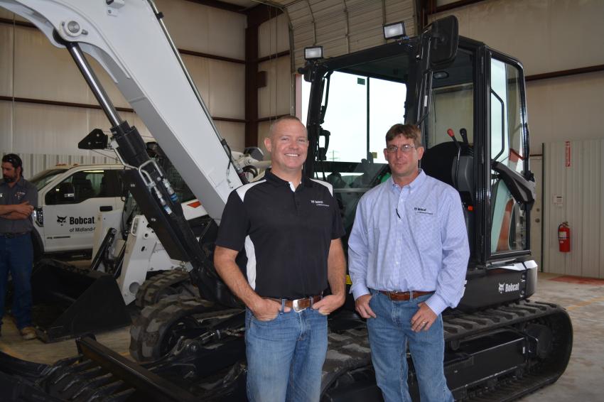 Bobcat of Midland-Odessa sales representative John Nevill along with branch manager Eric Dudley and Bobcat’s E85 excavator.
