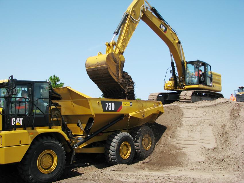 A Caterpillar 336 excavator was used in the Watch Your Weight challenge as competitors utilized the production measurement technology to accurately load a Cat 730 articulated truck. 