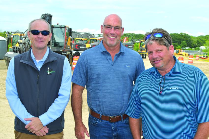 (L-R) are: Paul Vautrin, of Volvo Finance; Cole Leavitt, used equipment manager of Chadwick-BaRoss; and Eric Strickland of Glynn General Corporation.
