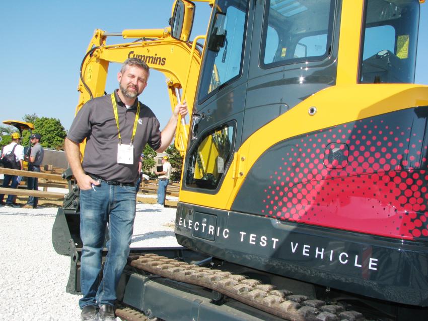 Jeremy Harsin, global product manager-industrial for Cummins Inc., introduced show-goers to the new Cummins “Electric Test Vehicle” which is a joint collaboration between Hyundai and Cummins and will be unveiled at a later time as a Hyundai R35E electric-powered compact excavator.  