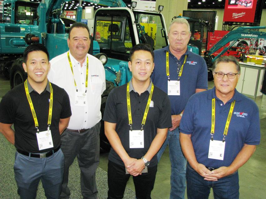 Sunward USA, a first-time ICUEE exhibitor, had a good-looking display and was introducing its new Sunward SWTH 634 telehandler. At the booth are (L-R): Michael Hong of Taycor Financial, El Segunda, Calif.; Mike Madraid of Sunward USA, Denton, Texas; Vu Nguyen, also of Taycor Financial; Dameron Silcox and Mike Flowers of Sunward USA. 