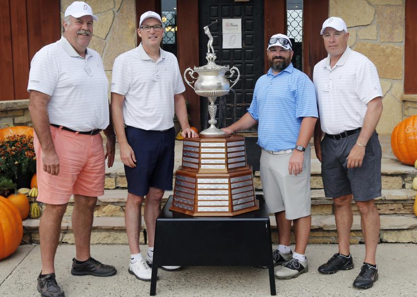 Winning the Mapleton course in 2019 (L-R) were Larry Goodroad of Sunsource; Doug DeJong of M.I.C.I.; Mike Portzen Jr. of Portzen Construction Inc.; and Tim Malloy of Northstar Power LLC.
