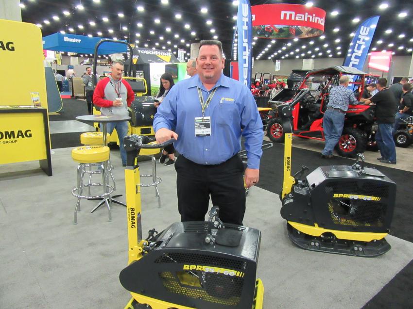 Bomag America’s Tom Watson, seen here with a BPR 35 / 60 compactor, spoke with attendees about the company’s light equipment line, which includes tampers for multi-purpose compactors to vibratory rollers.
