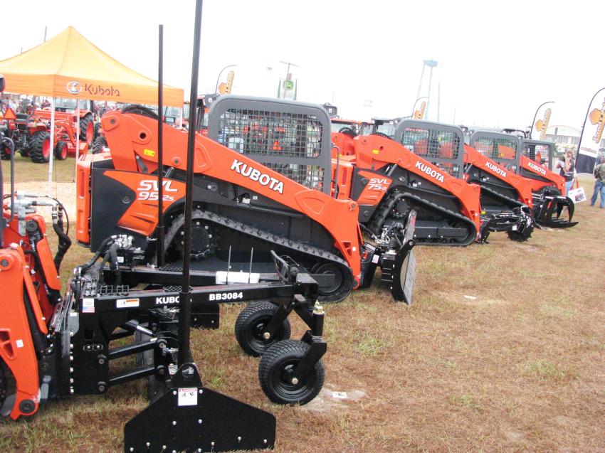 Kubota displayed a wide array of tractors and machines including skid steer loaders and compact track loaders sporting a variety of specialty attachments.