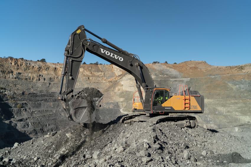 Turner Mining Group moves blasted limestone with a Volvo 750 excavator and a fleet of 4-ton articulated trucks.
