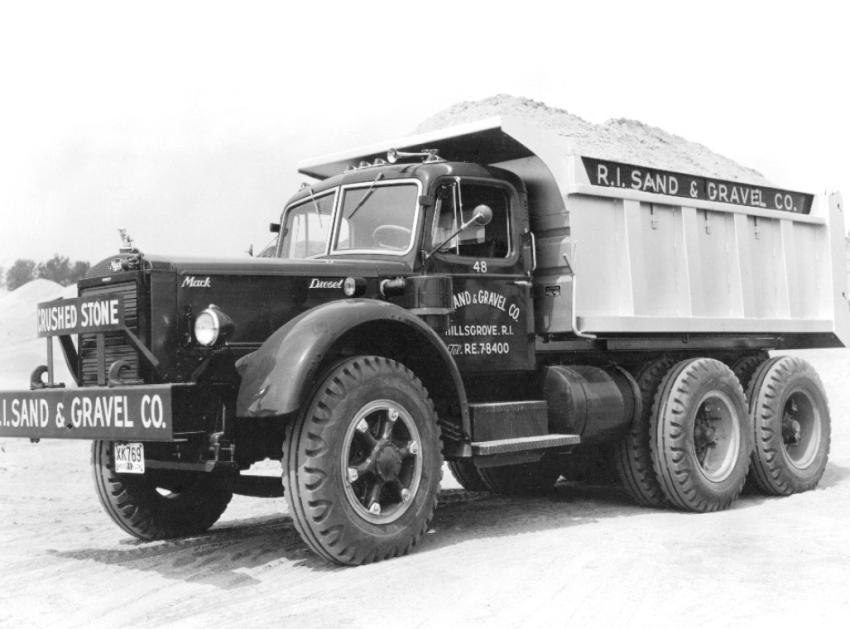 In Rhode Island — Rhode Island Sand & Gravel of Hillsgrove, R.I., purchased two new Mack LJSWX 10 wheelers in 1952. One of the Mack trucks is being loaded with washed sand with a Michigan 175A tractor shovel.
(Edgar A. Browning photo: Mack Truck Collection)
