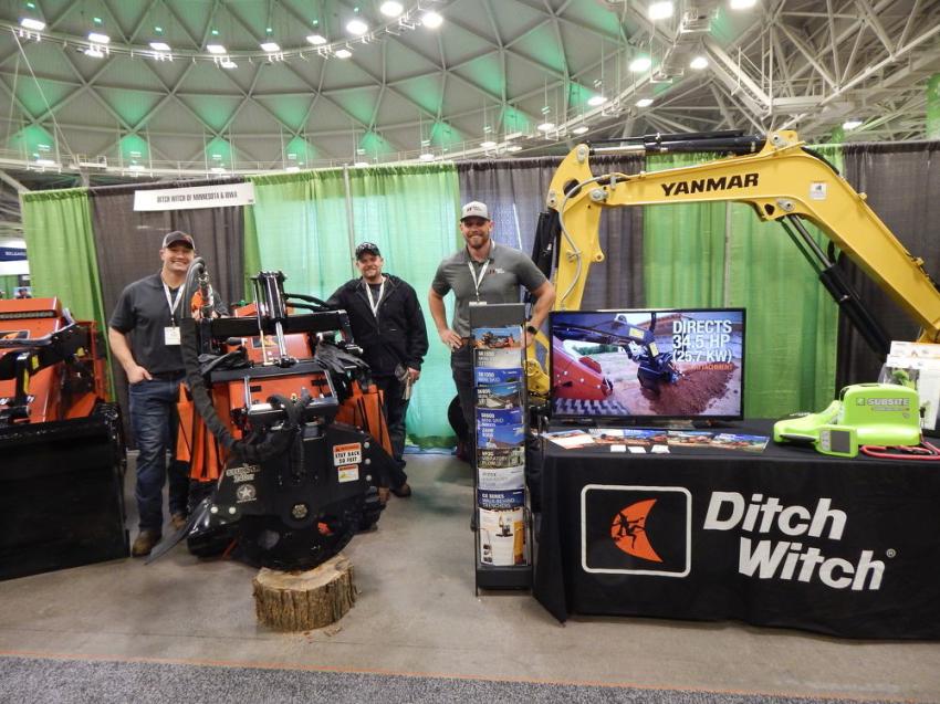 (L-R): Max Busher, Ditch Witch of Minnesota and Iowa territory manager; Jeremy Scherping of Scherping Stump and Tree Removal, Melrose, Minn.; and Wyatt Peiffer, territory manager of its Shakopee, Minn., location, with the popular Ditch Witch SK1050. This machine is ideally suited for a variety of demanding job sites. The Ditch Witch SK1050 mini-skid steer improves versatility and productivity.
