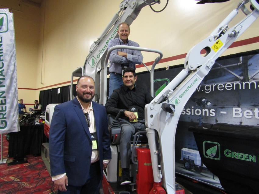 Trinity Equipment gears up for green technology with its newest addition to its dealer lines with the Green Machine e210 electric mini-excavator. Shown here with Jeff Link of Trinity Equipment (L), Kirk Durham (standing) of Green Machine Equipment and Rudy Rozquez of Trinity Equipment.
