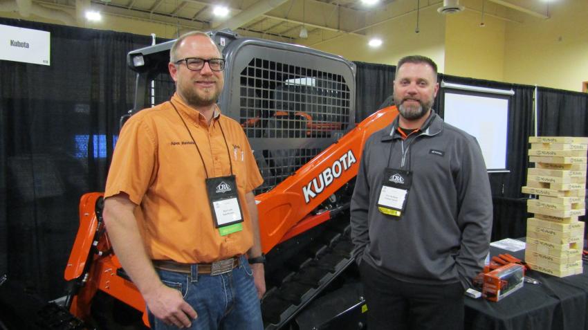 Apex Rental’s Ryan Leis and Eric Nyblom of Kubota Tractor Corporation display one of their most requested Kubota skid steer rentals.

