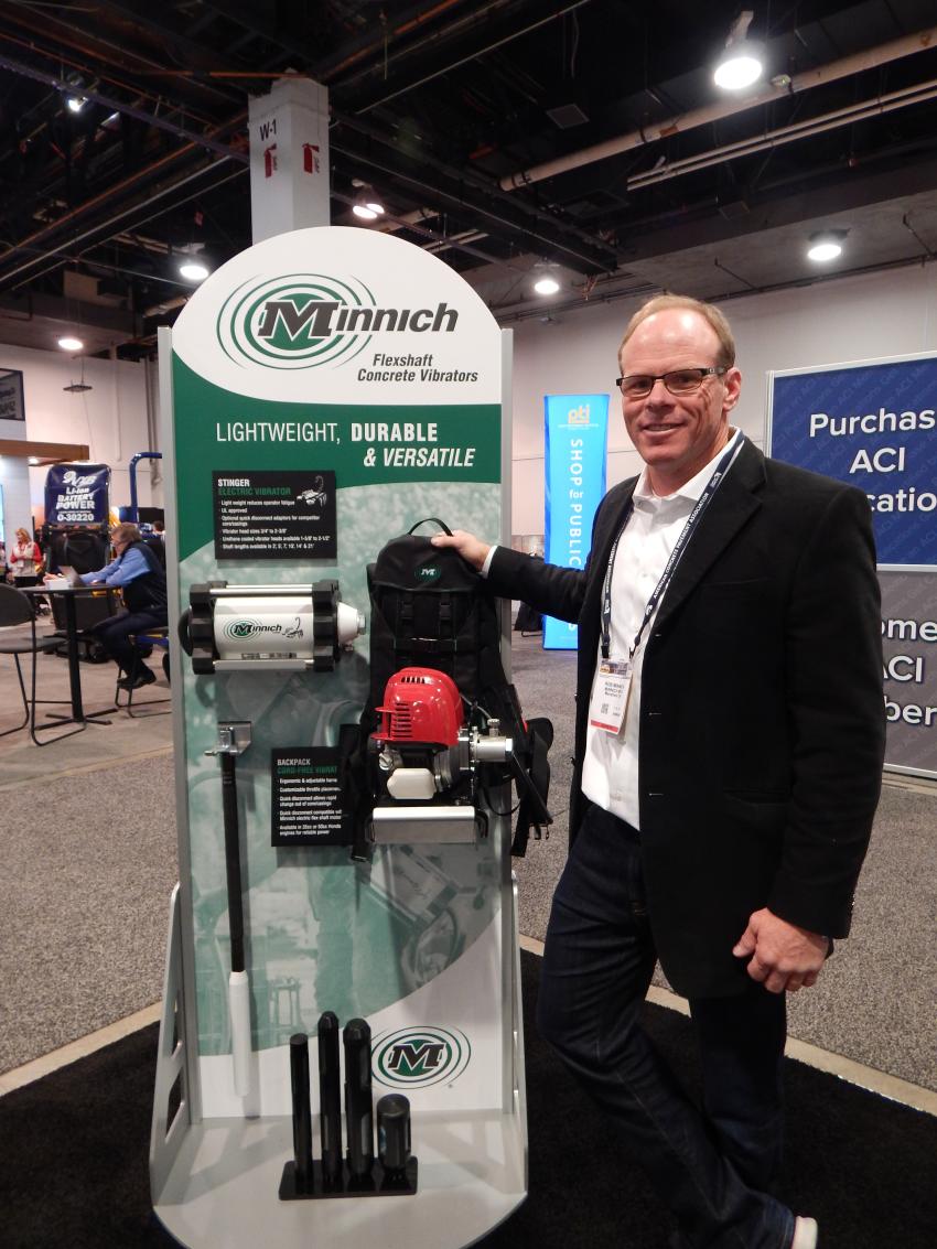 Rob Minnich, president of Minnich, Mansfield, Ohio, with its Stinger electric vibrator and  cord-free backpack system.
