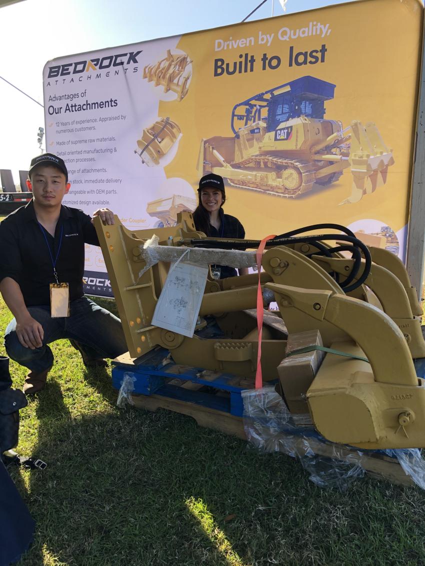 Bedrock Machinery in Irvine, Calif., displayed their ripper for a Cat D3, 4 or 5. Pictured (L-R) are Jack Yao and Giuliana Rossi.