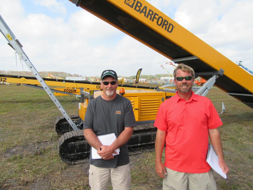 Long-time Florida auction attendees and good friends Steve Garrity (L) of LB Corp in Lee, Mass., and Jason Lambert of Lambert Equipment in Samson, Ala., were interested in the Barford aggregates processing equipment on display at the Yoder & Frey auction.

