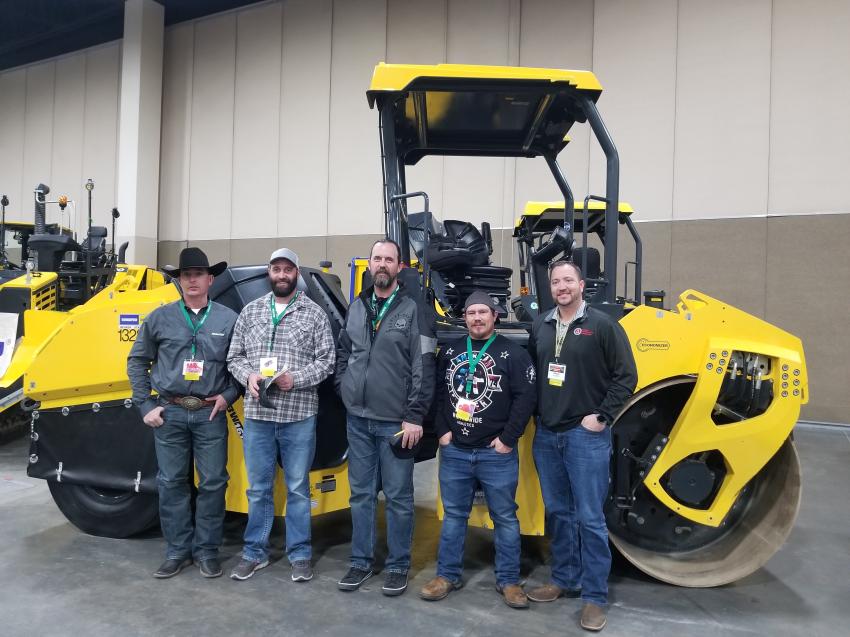 (L-R): Randy Marshall of Komatsu Equipment Company, Garrick Brown of Kilgore Companies, Rob Oltmanns of Kilgore Companies, Shay Montag of Kilgore Companies and Shaun Brown of  Komatsu Equipment Company with the Bomag BW161AC-5 combo roller. Kilgore has recently rented this Bomag roller for the paving season in Salt Lake City. Use of this roller will allow them to achieve faster, higher compaction.
