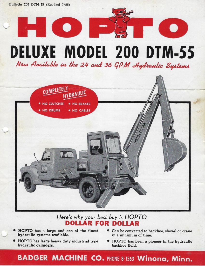 The Badger 200-DTM was an early example of a truck-mounted hydraulic backhoe — 1956.
(Badger Machine Bulletin 200 DTM-055 Rev  — HCEA photo)