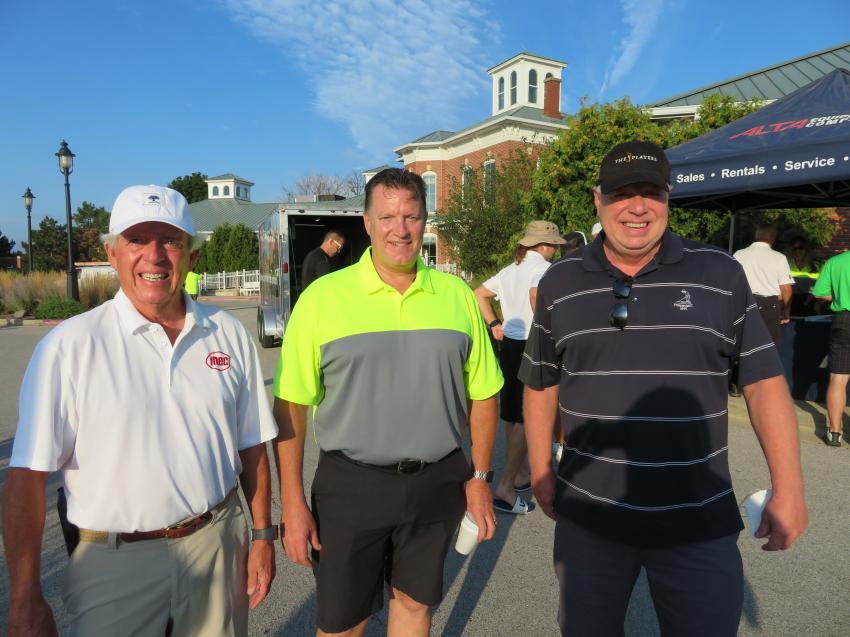 (L-R): Patrick Witte of MEC Aerial Work Platforms; John Hofmeyer, rental coordinator of Alta Equipment; and Dave Hubbell prepare to hit the links at Alta Equipment’s first annual golf outing.