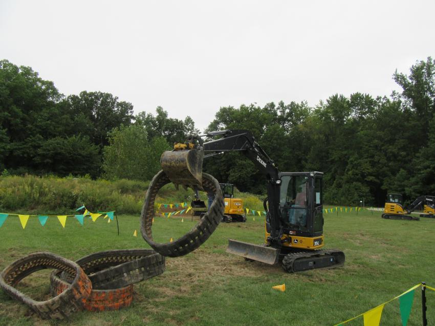 A John Deere 35G mini-excavator gets a trial run at Ag-Pro’s Day-In-The-Dirt demo event.
