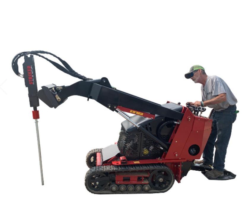 The hydraulic stake drive for mini skid steers has a special bracket designed to meet the proper hammering angles to drive in tent stakes with ease.