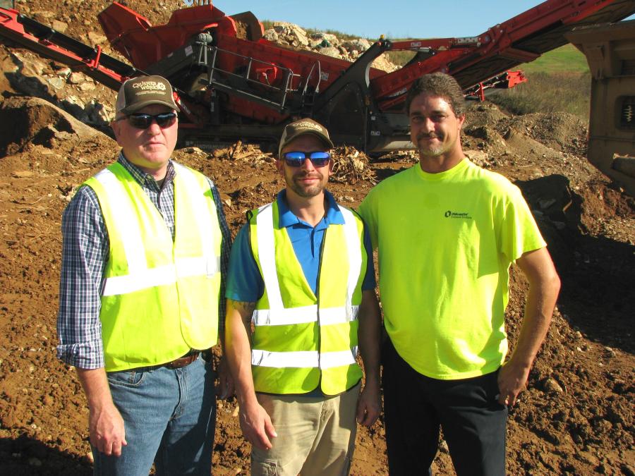 (L-R): Kevin Cummins, Cummins Crushing & Recycling Inc., and Dave Wornell meet on site to discuss machine production with Jay Doran, Crusher Works.