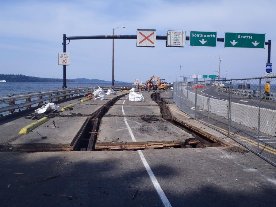 During the first phase of the Vashon Terminal — timber trestle and terminal replacement project — the dock’s deck was cut out in preparation for being replaced.
